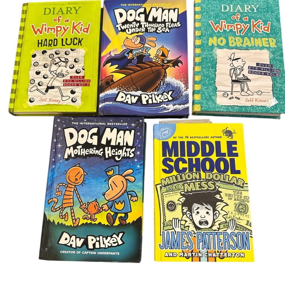 Diary of a Wimpy Kid and Dog Man Book Set Lot of 5 hard cover books youth